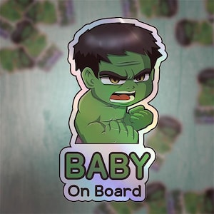 Naklejka Baby On Board Hulk | Naklejka samochodowa inspirowana postacią superbohatera | Naklejka bezpieczeństwa dziecka | Dekoracja samochodowa superbohatera