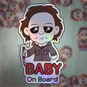 Naklejka z horrorem Baby On Board | Straszny i słodki horror inspirowany filmem | Naklejka z napisem „Halloween Baby Safety” | Zabawna dekoracja samochodu