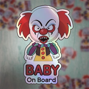 Adesivo de palhaço assustador de bebê a bordo | Adesivo de carro fofo inspirado em filme de terror | Adesivo de segurança para bebês de Halloween | Decoração engraçada para carros