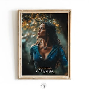 May include: A framed print featuring a woman in a blue dress, looking upwards. The print has the text "light of her people" and "ÉDENSCÄR". The bottom of the print has the text "WITCHCRAFTING WONDERS" and "HIGH QUALITY PRINTABLE ART".