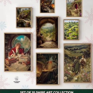May include: A set of ten framed art prints featuring scenes from the Shire. The collection includes images of Bag End, Bilbo, Frodo & Sam, Gandalf's arrival, and the Green Dragon. The prints have gold frames and are displayed on a white wall.