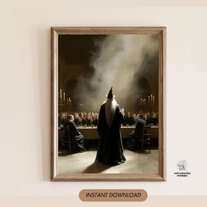 May include: Framed print of a wizard in a long black robe, standing before a long table with people seated at it. The wizard has a long white beard and a pointed hat. The print has a wooden frame and the words "INSTANT DOWNLOAD" are at the bottom.
