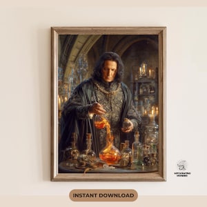 Potion Brewing Fantasy Art Print | Wizard Classroom Gothic Wall Art | Dark Academia Magical Teacher Illustration Decor Half Blood Prince Art