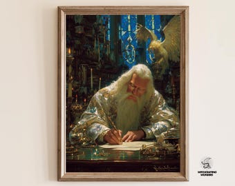 Wizard Headmaster Phoenix Art Print – Fantasy Study Wall Art (Digital Download)