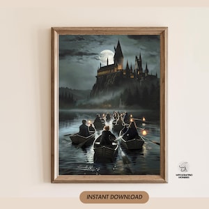 May include: A framed print depicts a nighttime scene with a large castle on a cliff, illuminated by lights. Several small boats with people are on the water, with a full moon in the sky. The words "INSTANT DOWNLOAD" are at the bottom.