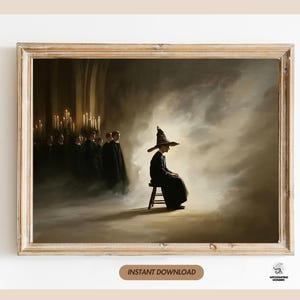 May include: A framed print featuring a wizard in a tall hat seated on a stool, set against a misty background. Other figures in black robes stand in the background, with lit candles. The words "INSTANT DOWNLOAD" are at the bottom.