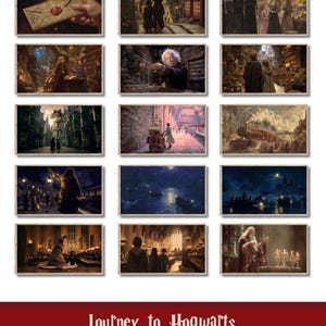 May include: A collection of 12 framed art prints featuring scenes from a fantasy world. The images depict various settings, including a letter with a wax seal, a bustling street, and a train. The text at the bottom reads "Journey to Hogwarts".