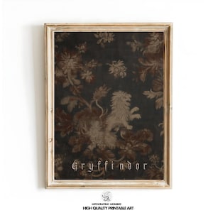 Vintage Lion House Wizarding School Tapestry Wall Art PRINTABLE, Muted Green Red Antique Floral Pattern, Heritage Textile (Digital Download)