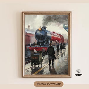 Peut inclure: Une impression encadrée représente un train à vapeur rouge avec des détails noirs, de la fumée et une personne tirant une cage à oiseaux. Des personnages en capes noires marchent sur un quai. Le texte "INSTANT DOWNLOAD" est en bas.