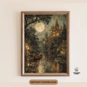 Enchanted Castle Wall Art – Moonlit Lake, Travelers, Twilight Sky (Digital Download)