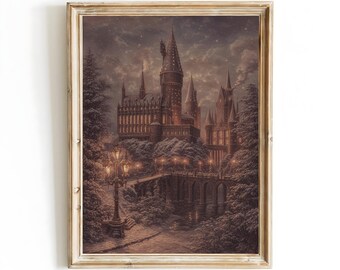Enchanted Castle in Snow Fantasy Wall Art – Christmas Wizard Castle with Viaduct | Moody Prints, Dark Academia Aesthetic & Whimsical Decor