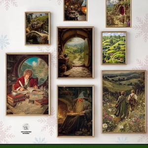May include: A collection of framed art prints featuring scenes from a fantasy world. The prints depict landscapes, interiors, and characters, with warm colors and detailed imagery. The text at the bottom reads "BRING BEAUTIFUL LOCATIONS OF THE SHIRE TO YOUR WALLS."