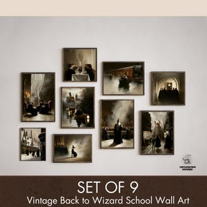 Back to School Wizard Wall Art Set – 9 Magical Prints of Castle Life, Common Rooms, Feasts & More Fantasy Dorm Dark Academia Study Decor