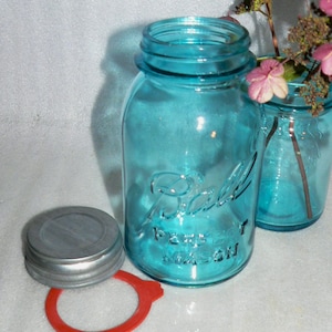 May include: Two blue Ball Perfect Mason jars with a silver lid and a red sealing ring. One jar is open, and the other is partially visible. The jars are on a white surface, with a sprig of pink flowers in the background.