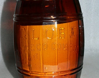 Antique Globe Tobacco Company Glass Barrel Brown Jar Detroit Pat Oct 10th 1882