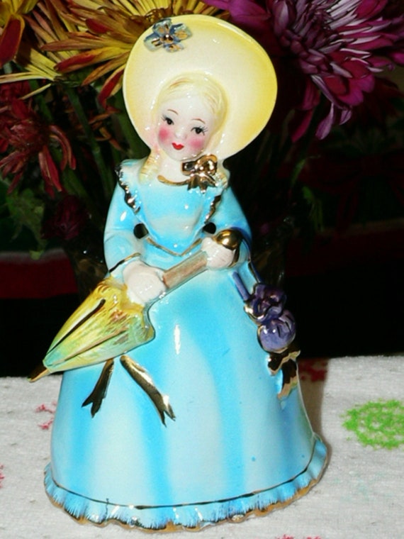 Ucagco Ceramic Japan Lady W Umbrella Figurine Planter Blue Dress