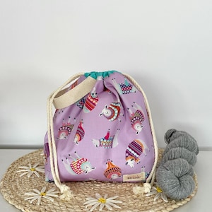 Purple Sheep Knitting Project Bag | Drawstring Yarn Storage Pouch | Crochet WIP Bag