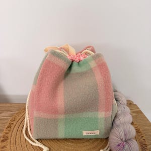 Large Upcycled Wool Blanket Project Bag | Pink Mint Knitting Tote (Drawstring)