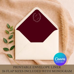 Burgundy Envelope Liner with Monogram Template, Editable Canva, Square, Euro & Regular Flaps, Deep Red Wedding, Instant Digital Download