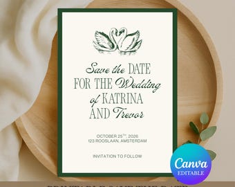 Save the Date Template Wedding, Elegant Swan Save the Date, Forest Green Wedding Save the Date, Editable Canva Template, Digital Download