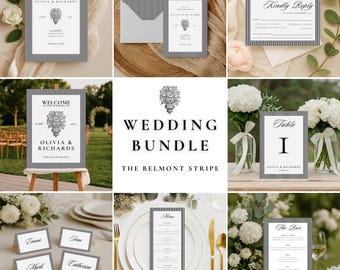 Wedding Invitation Suite – The Belmont Stripe Bundle | Editable Canva Templates | Classic Black & White Striped Design | Digital Download