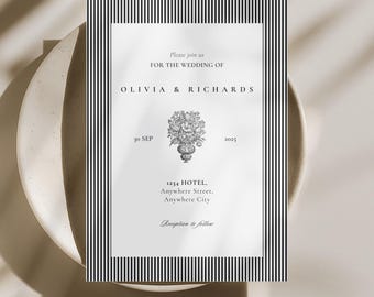 Wedding Invitation Template, Elegant Black and White Wedding Invite, Striped Wedding Invitation, Editable Canva Template, A6 A7 Download