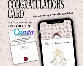 Animated Wedding Congratulations Card – Mobile Digital Greeting, Editable Canva Template, Champagne Toast, Newlywed Video & Voice Message