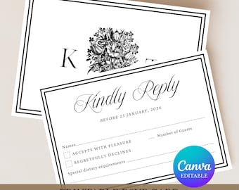 RSVP Card Template Wedding, Black Wedding RSVP Card, Elegant Formal Wedding Reply Card, Editable Canva Template Download
