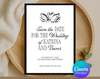 Save the Date Template Wedding, Black and White Save the Date, Elegant Formal Wedding Save the Date, Editable Canva Template Download