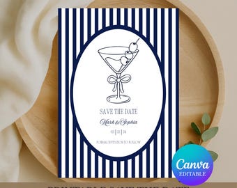 The Mayfair Stripe – Editable Canva Save The Date Invitation Template for A6 and A7 | Navy Blue Printable Wedding Card | Digital Download
