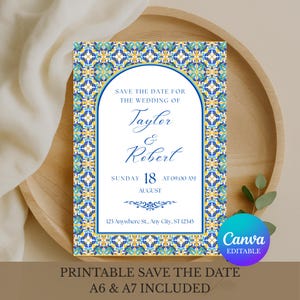 Azulejo Amalfi: Plantilla editable de invitación para guardar la fecha en Canva (tamaños A6 y A7) / Azulejo mediterráneo italiano / Descarga digital