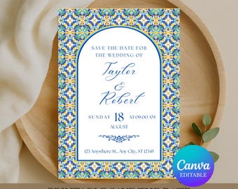 The Amalfi Tile – Editable Canva Save The Date Invitation Template for A6 and A7 | Mediterranean Italian Tile | Digital Download