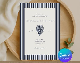 Wedding Invitation Template, Navy Wedding Invite, Elegant Formal Wedding Invitation, Editable Canva Template A6 A7 Printable Download