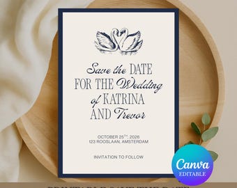 Save the Date Template Wedding, Navy Blue Wedding Save the Date, Elegant Formal Wedding Save the Date, Editable Canva Template Download