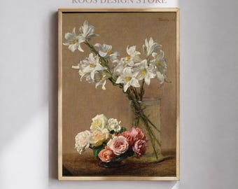Vintage Floral Wall Art Print, Roses and Lilies Fantin Latour, French Floral Still Life, Botanical Wall Art Download