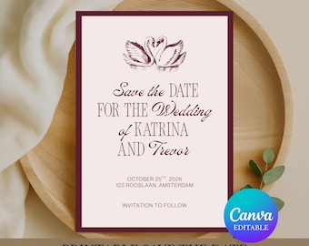 Save the Date Template Wedding, Burgundy Wedding Save the Date, Romantic Formal Wedding Save the Date, Editable Canva Template Download
