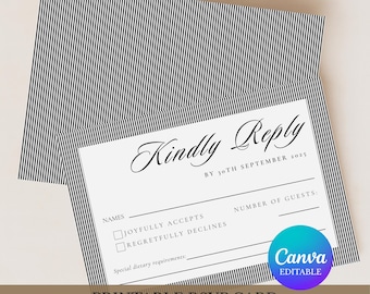 RSVP Card Invitation Template –  The Belmont Stripe | Editable Canva Design | Black White Striped | Digital Download | DIY