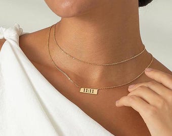 Lucky Bar Necklace, Personalized Bar Necklace, Date and Time Necklace, Nameplate Gold Bar Necklace, Christmas Gift