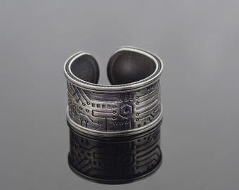 Handmade Circuit Board Ring, Oxidized Silver Plated Bronze, Tech Jewelry