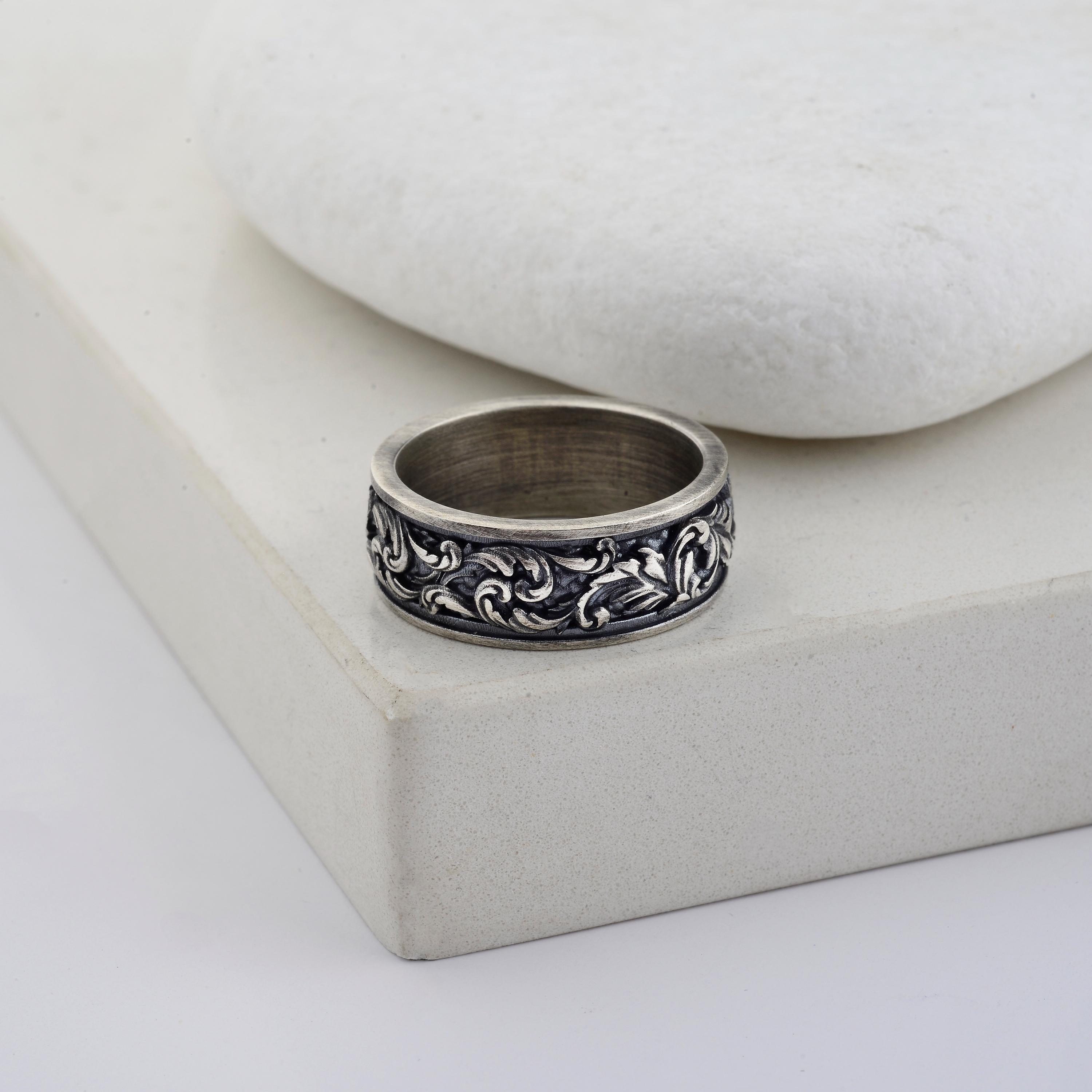 Sterling Silver Leaf Pattern Ring, Unisex Floral Band - Etsy