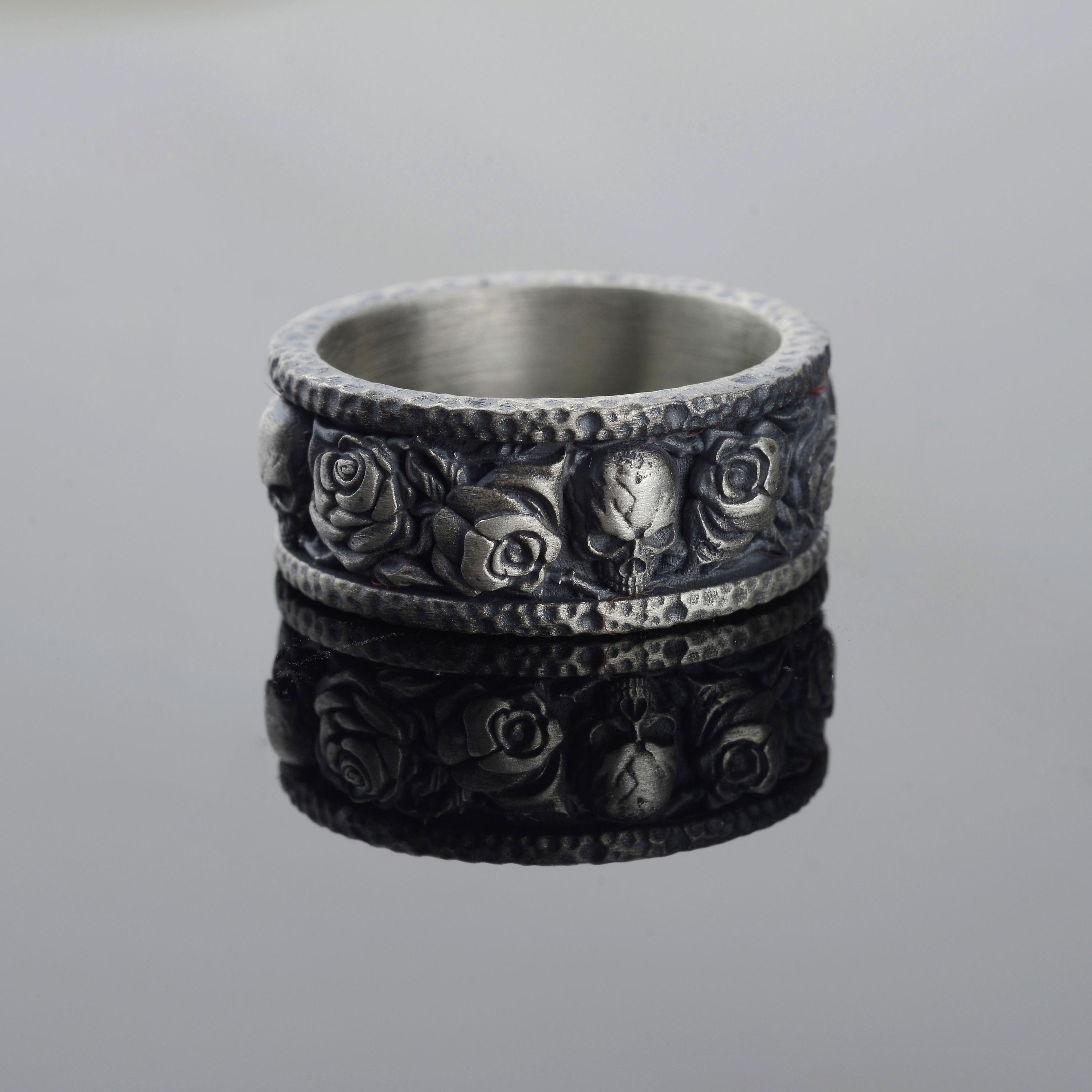 Anello Teschio E Rosa In Argento 925 – Design Aperto Regolabile, Stile Gotico Punky, Regalo Originale In Elegante Confezione