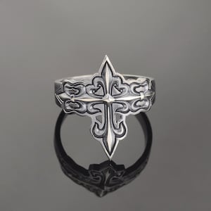 Silver Cross Signet Men&#39;s Ring, Christian Cross Silver Ring, Crusader Knight Ring, Religious Jewelry, Handmade Cross Ring, Christian Gift