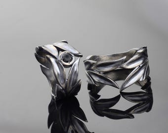Sterling Silver Leaves Ring Set: Black Onyx Wedding Bands
