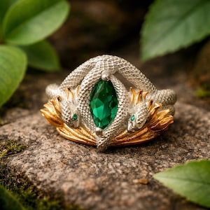 Sterling Silver Barahir Ring, Emerald Snake, Handmade Fantasy Jewelry