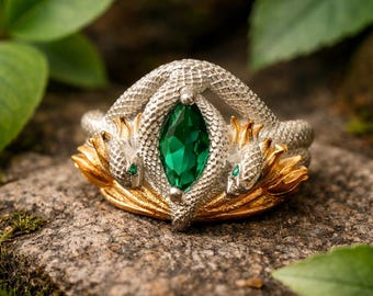 Sterlingzilveren barahir-ring, smaragdgroene slang, handgemaakte fantasie-sieraden