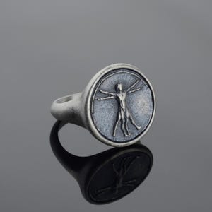 Handgemaakte zilveren ring van de Vitruviusman – op Da Vinci geïnspireerde antieke zegelring, statementring heren, kunst en wetenschap sieraden cadeau
