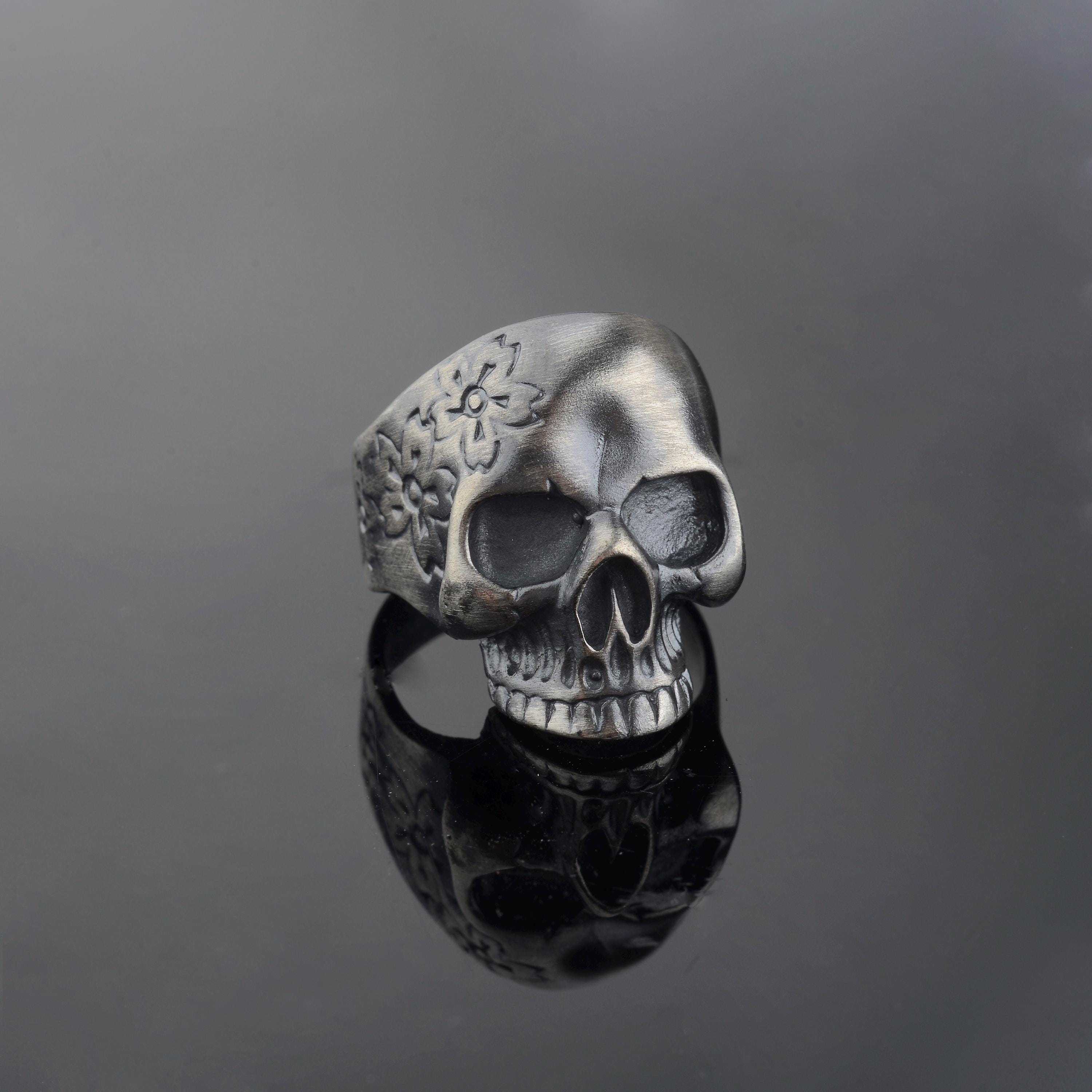 Heavy Solid 925 Sterling Silver Skull & Flower Biker Ring – Handmade In Bulgaria