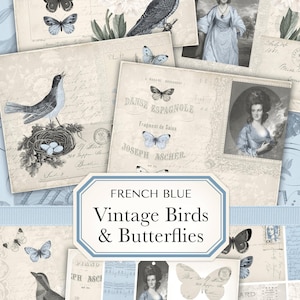 Kit de journal vintage bleu français oiseaux et papillons comprenant des papiers imprimables, des étiquettes cadeaux et des cartes postales