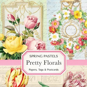 Kit de diario basura con bonitos motivos florales en tonos pastel primaverales, con papeles, tarjetas y postales imprimibles.