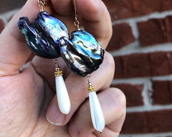 Peacock Coin Pearl Earrings with Mother of Pearl in 14k Gold Fill and Vermeil